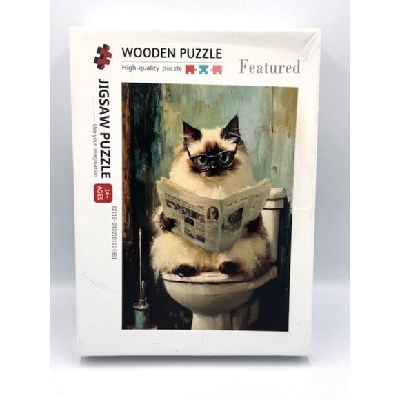 NWT Cat On Toilet Wooden Jigsaw Puzzle 1000 Pieces Fun High-Quality Puzzle For A - Picture 2 of 5